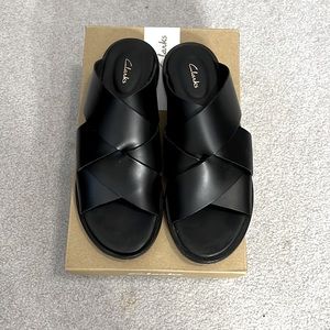 Black leather open toe slides